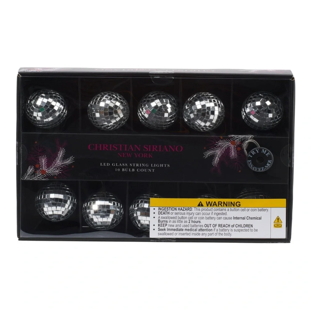 Christian Siriano Led Silver Disco Ball String Lights with 10 Bulbs NWT